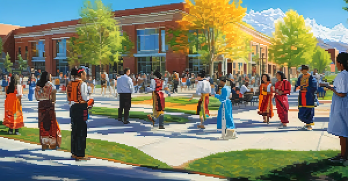 A diverse group of students at the University of Nevada, Reno, participating in a cultural exchange event with traditional attire and food.