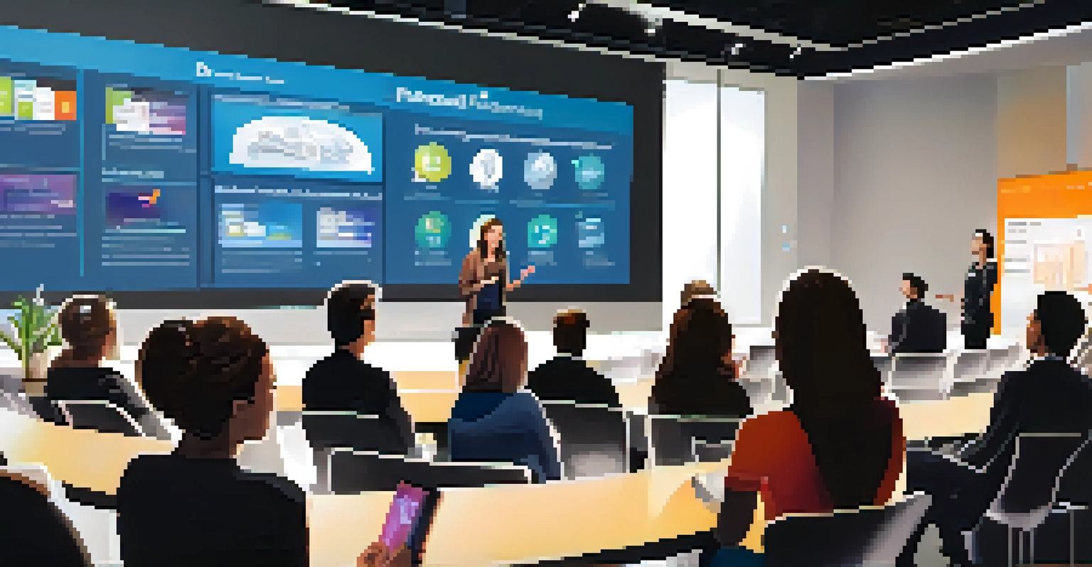 A confident female tech entrepreneur presenting her startup idea at a conference, with an audience engaged in the background.