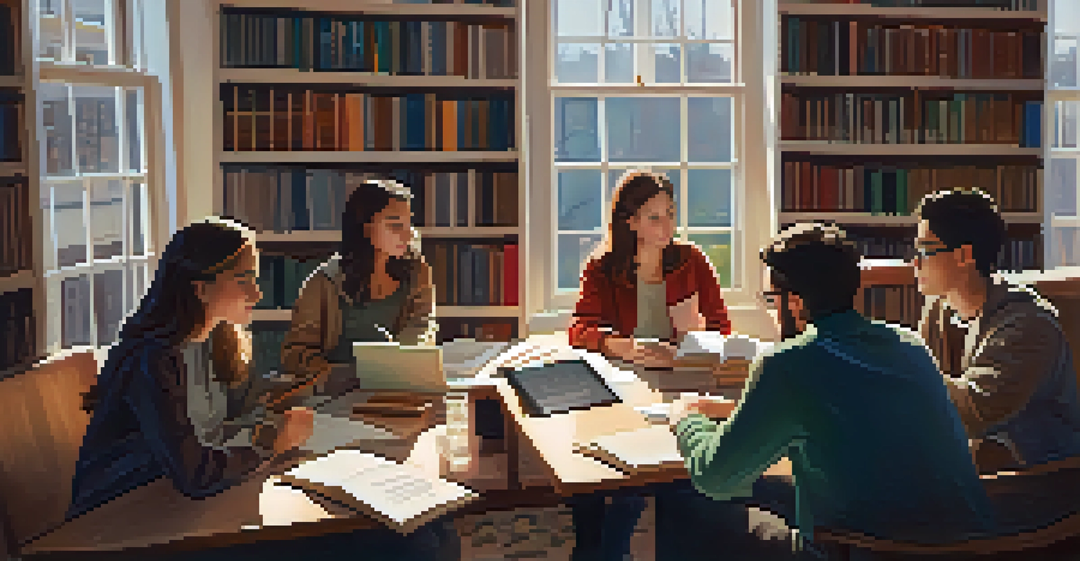 A cozy library corner with diverse students collaborating over books and laptops, surrounded by warm lighting and natural light from windows.
