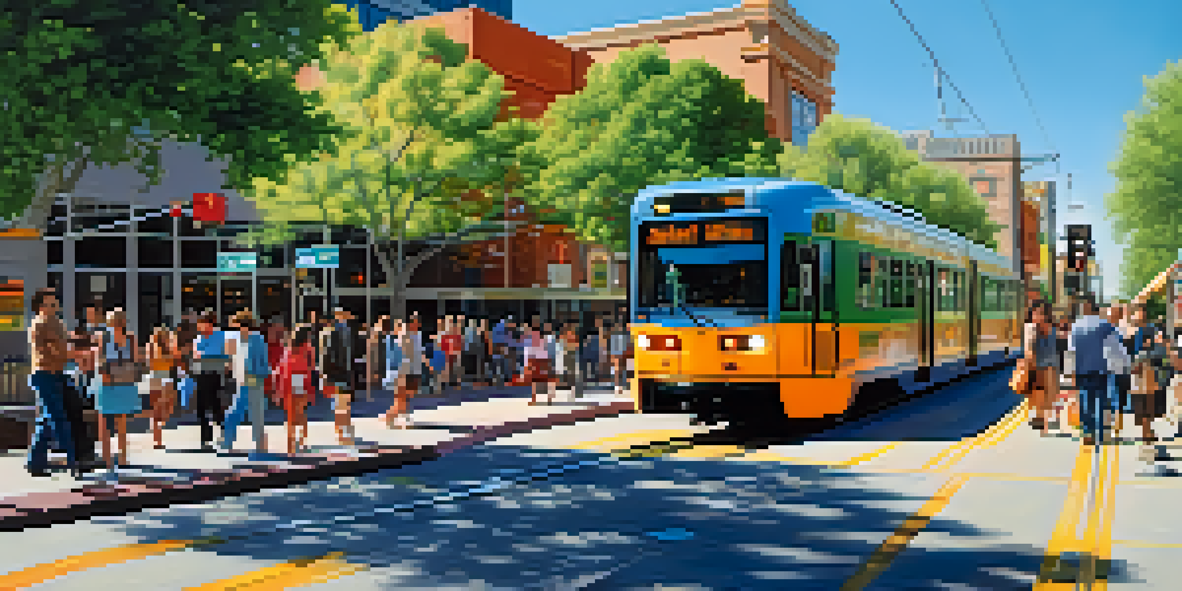 A busy Reno street featuring a light rail train, people boarding, and vibrant shops under a clear blue sky.