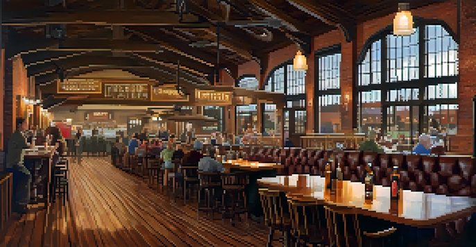 A warm and inviting brewery interior with a wooden bar and patrons enjoying craft beer and food.