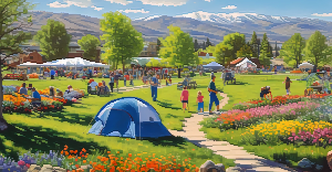 A lively spring scene in Reno with blooming wildflowers, families hiking, and a vibrant farmers' market under a blue sky.