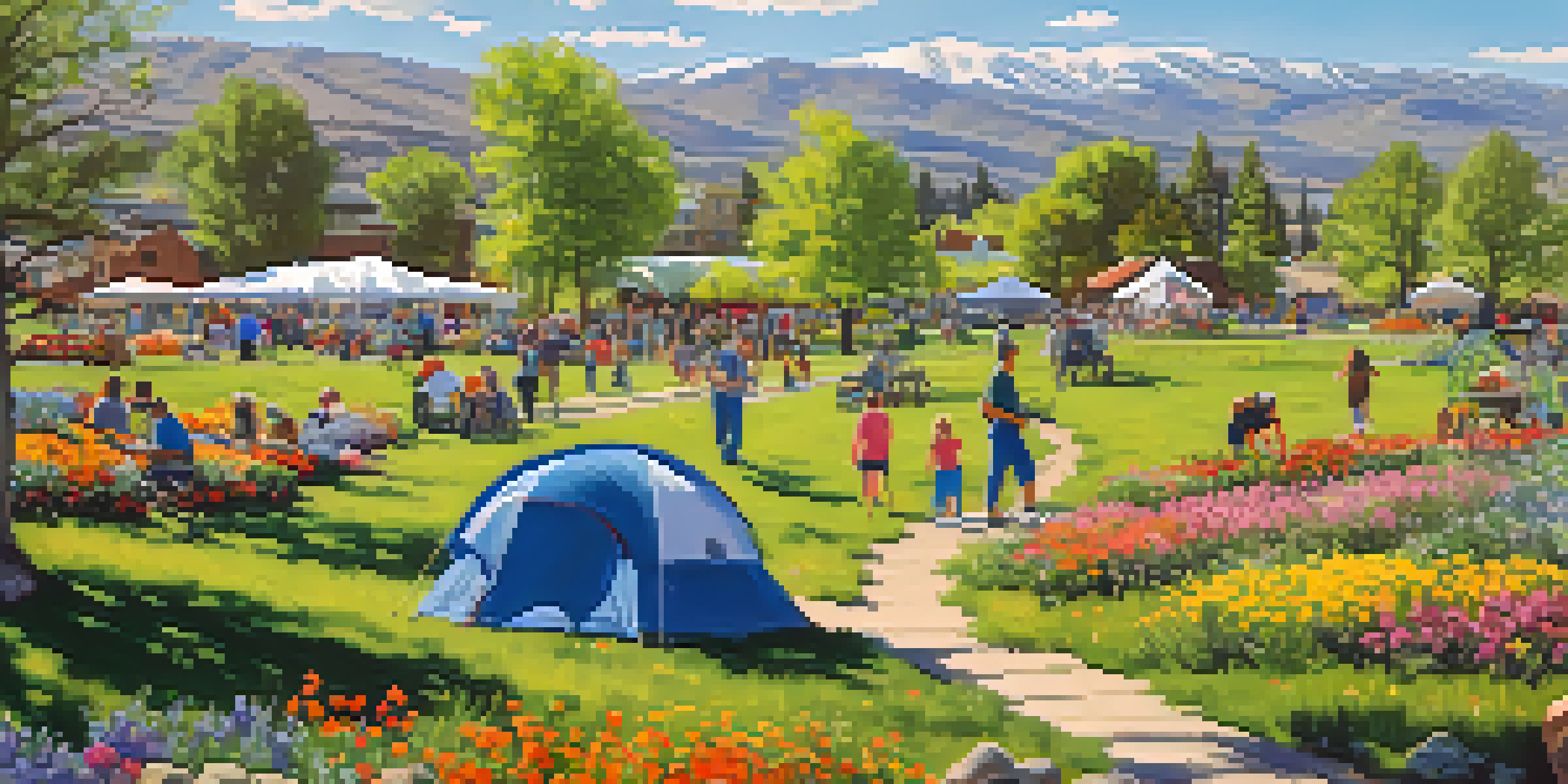 A lively spring scene in Reno with blooming wildflowers, families hiking, and a vibrant farmers' market under a blue sky.