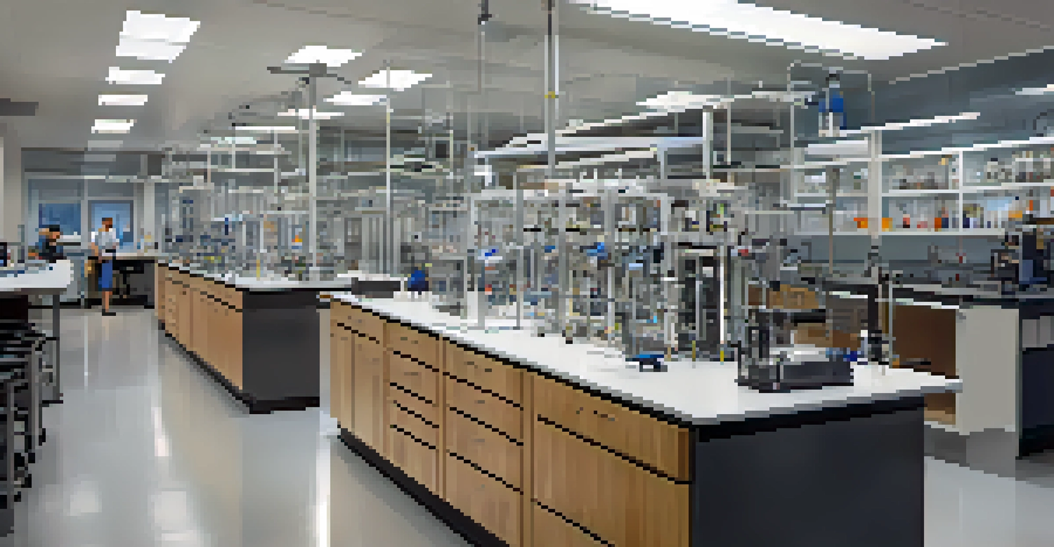 An engineering lab filled with advanced equipment and students engaged in experiments, showcasing a modern learning environment.