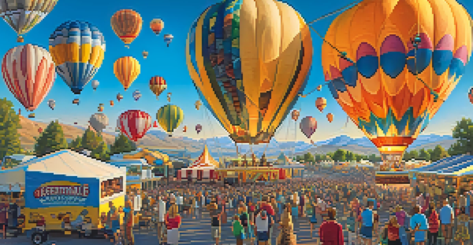 A colorful hot air balloon race with food stalls and families enjoying the festival atmosphere.