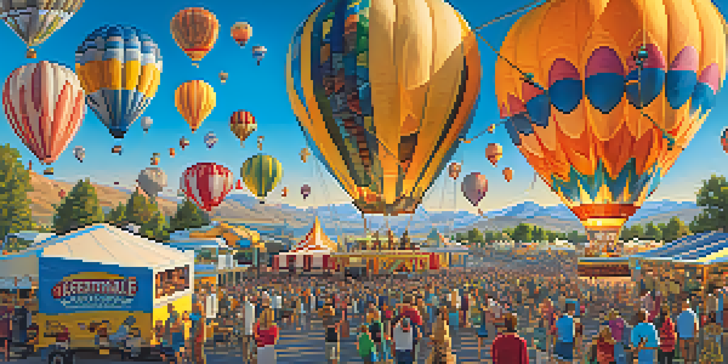A colorful hot air balloon race with food stalls and families enjoying the festival atmosphere.