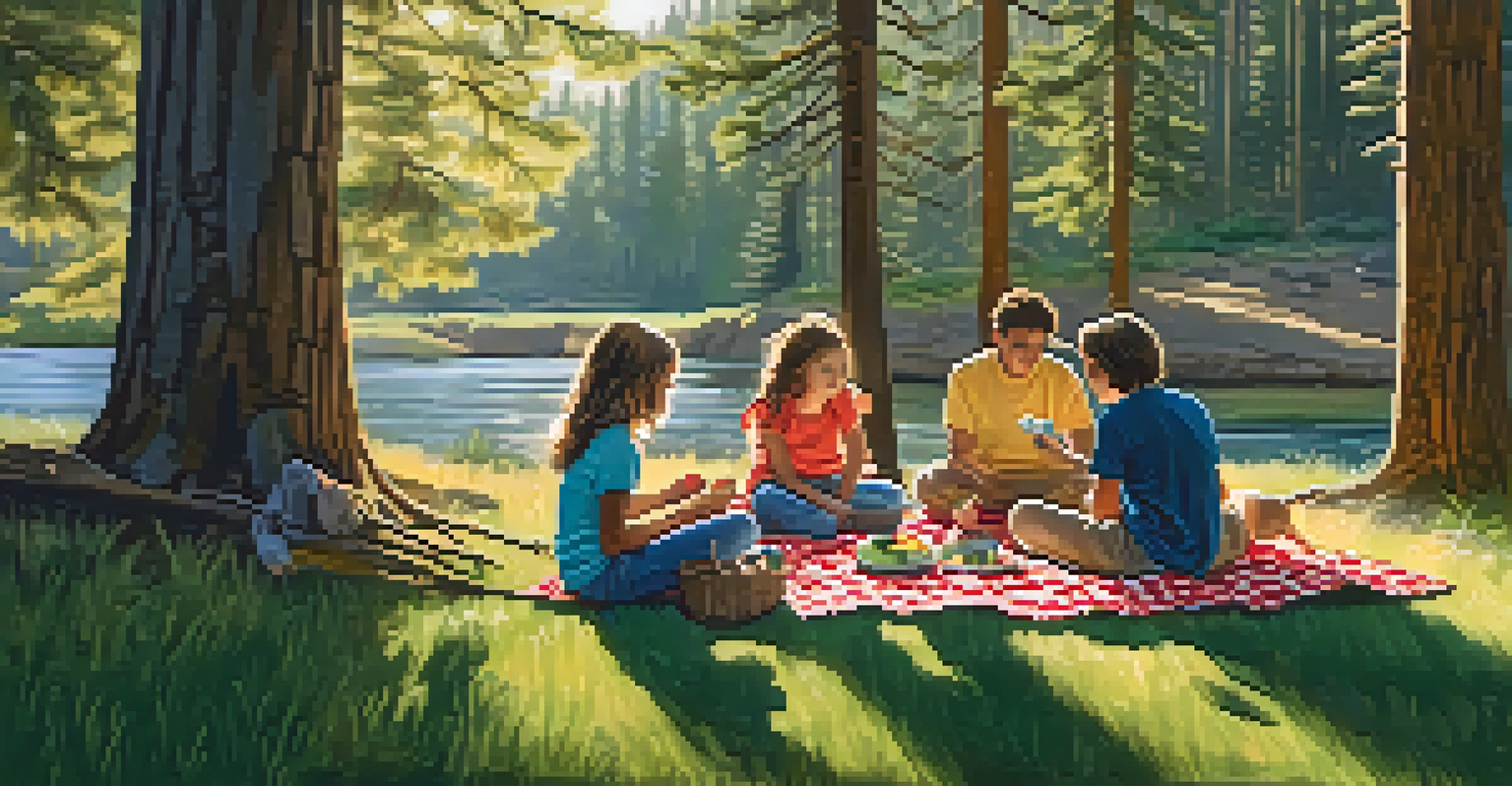 A family having a picnic in Galena Creek Park, with children playing and tall trees around.