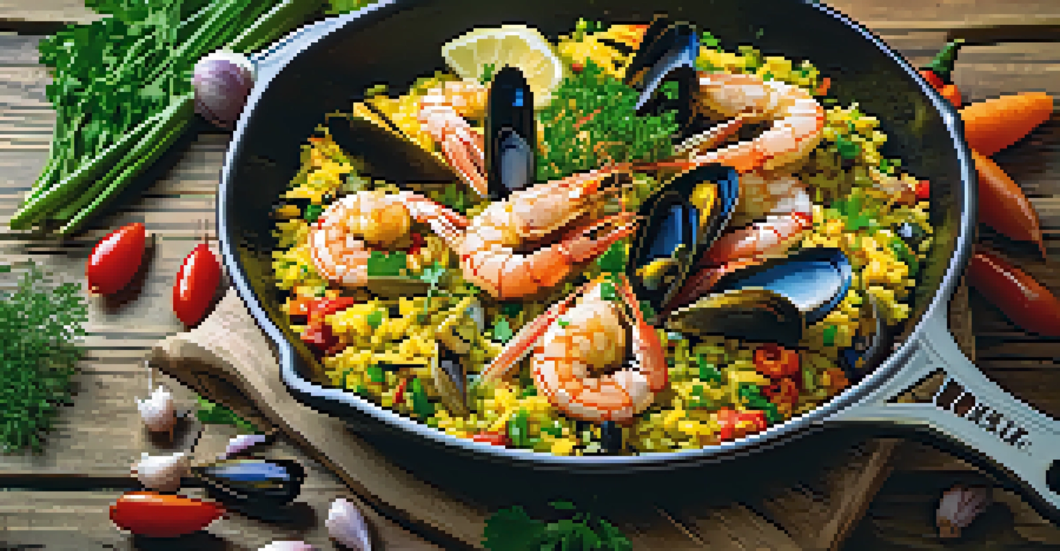 A vibrant saffron-infused paella with seafood and vegetables on a rustic table.