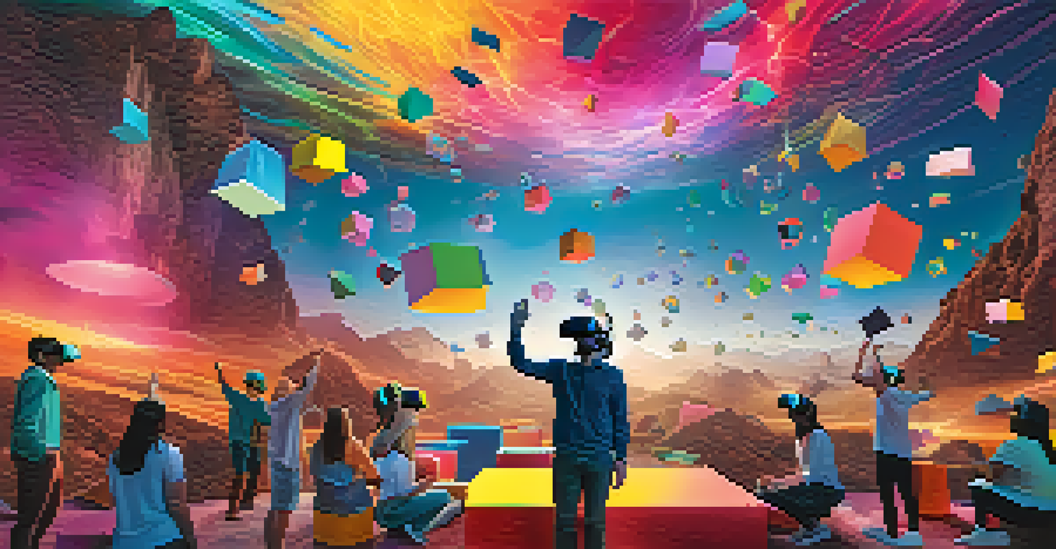 Participants wearing VR headsets in an immersive digital landscape filled with floating shapes and vibrant colors, engaging with virtual art.