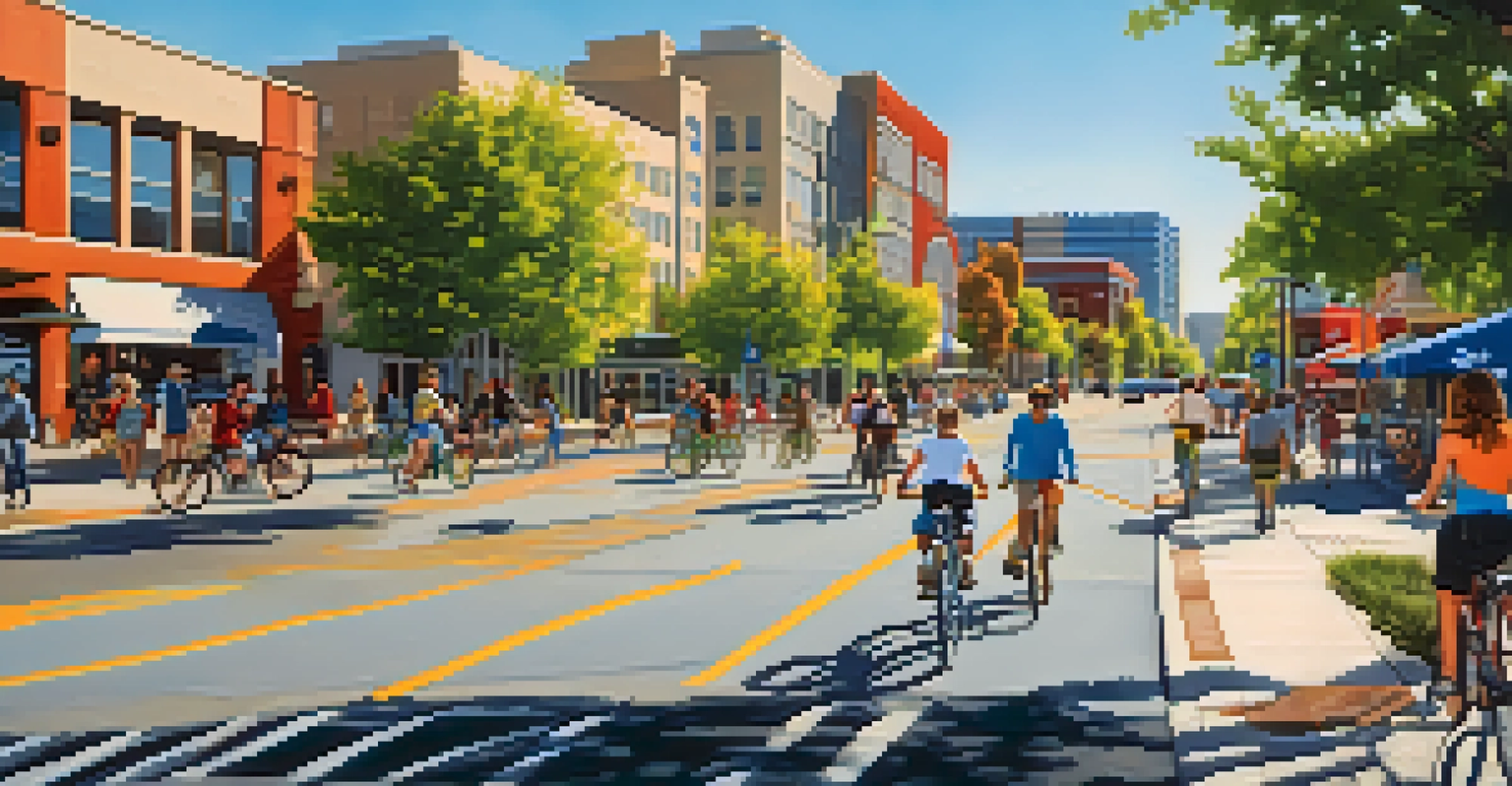 An urban scene in Reno showing cyclists and pedestrians using bike lanes and sidewalks under bright sunlight.