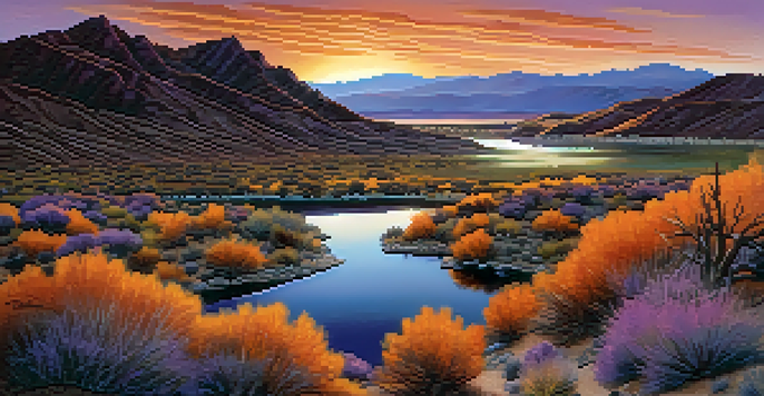 A sunset over Reno's high desert, featuring mountains and a reflective lake with a winding trail surrounded by desert plants.