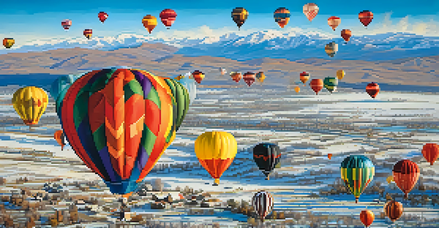 An aerial view of the Great Reno Balloon Race with colorful hot air balloons against a mountain backdrop and clear skies.