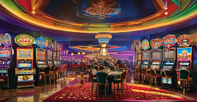 A colorful casino scene with a Wheel of Fortune slot machine and excited players, illuminated by bright lights.