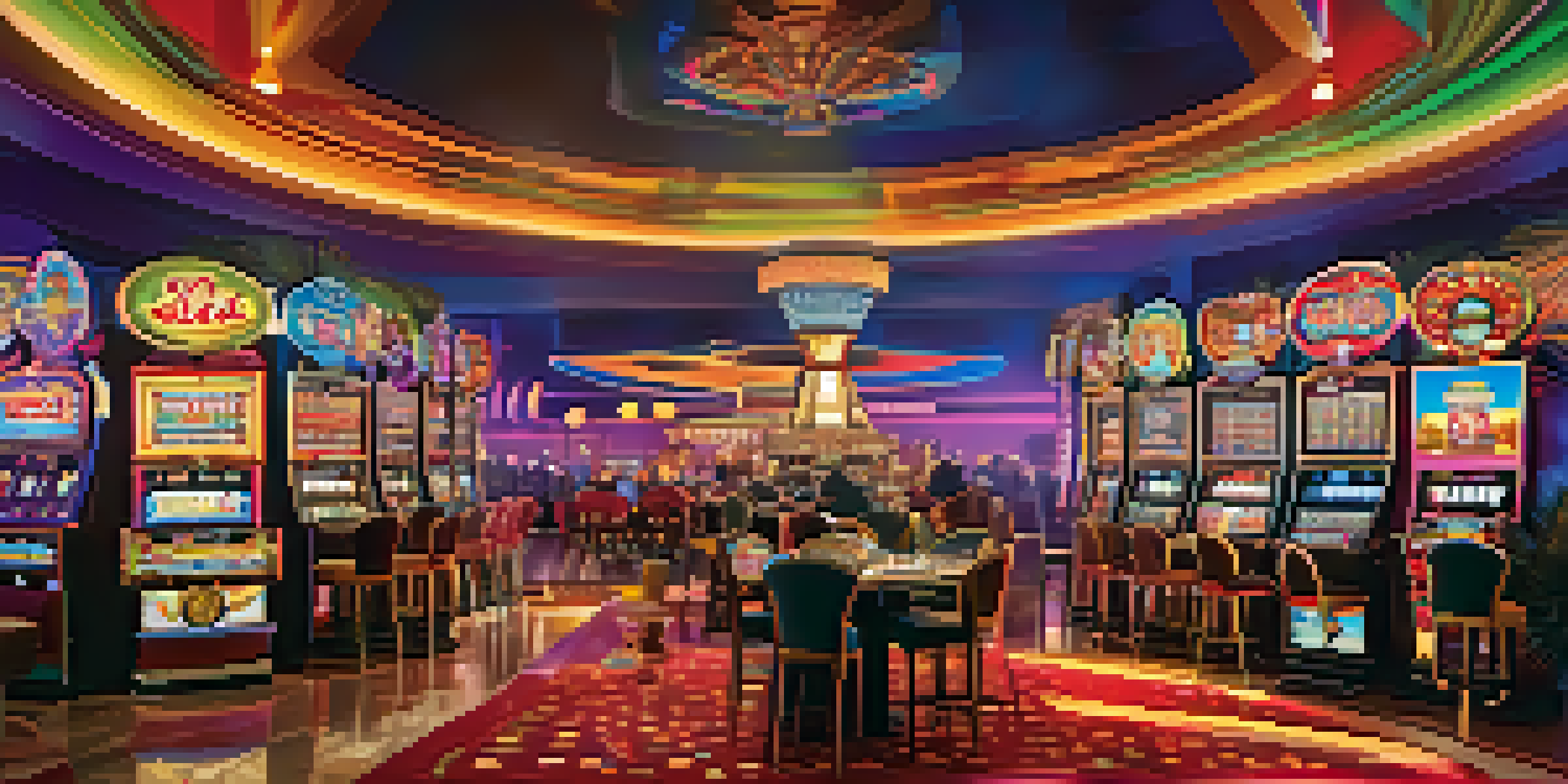 A colorful casino scene with a Wheel of Fortune slot machine and excited players, illuminated by bright lights.
