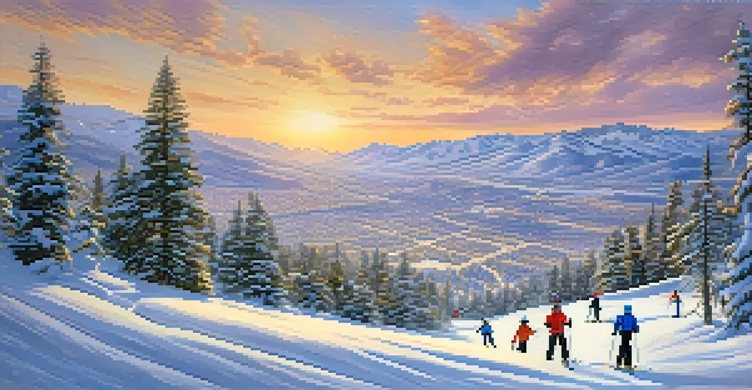 A winter scene in Reno with snow-covered mountains, a ski resort, and people skiing and snowboarding during sunset.