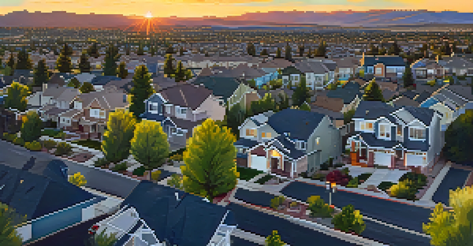 Aerial view of a suburban neighborhood in Reno at sunset, showing new and established homes with a warm glow.