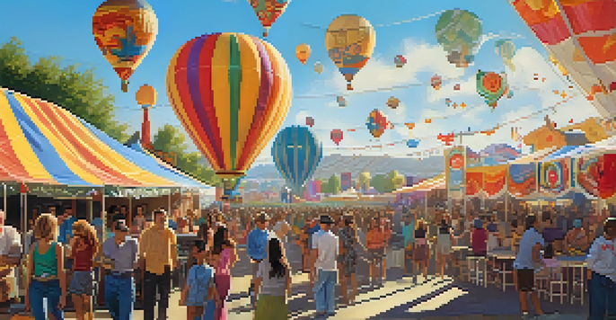 A lively outdoor festival with people enjoying music and food under bright sunlight, with hot air balloons in the background.