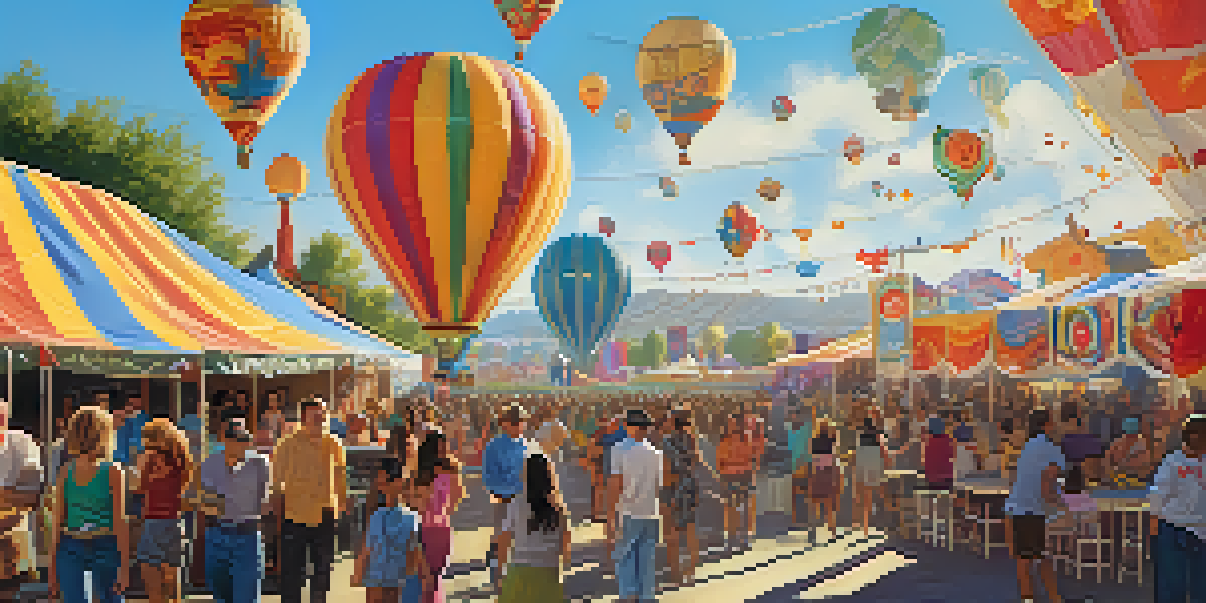 A lively outdoor festival with people enjoying music and food under bright sunlight, with hot air balloons in the background.