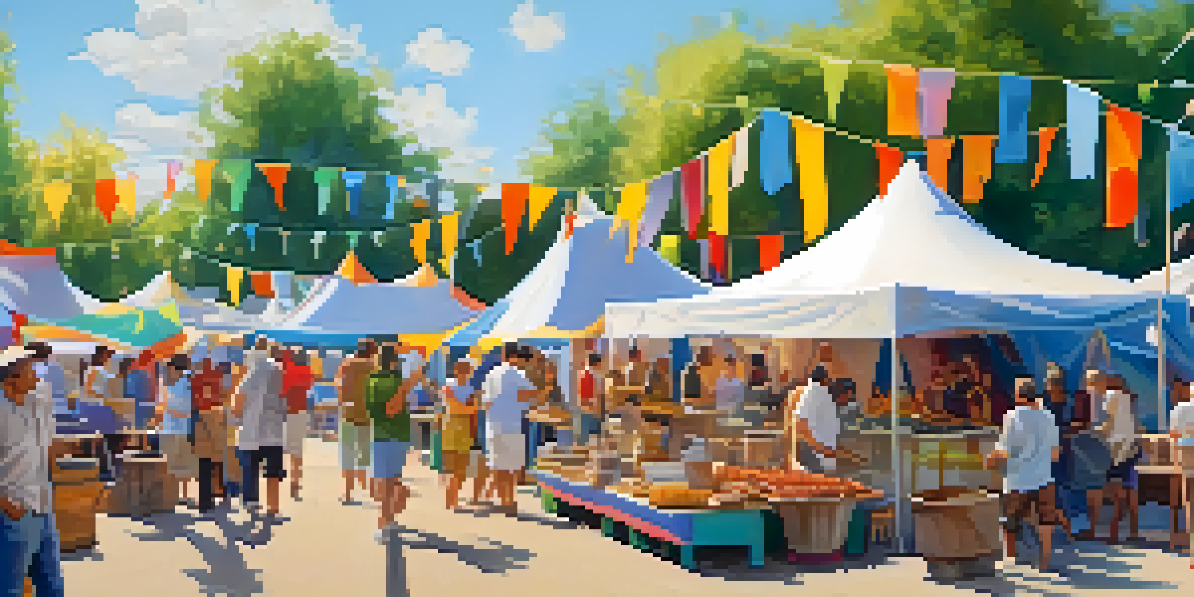 A lively scene of an arts festival in a park with colorful tents, artists painting, visitors engaging in pottery workshops, and food stalls.