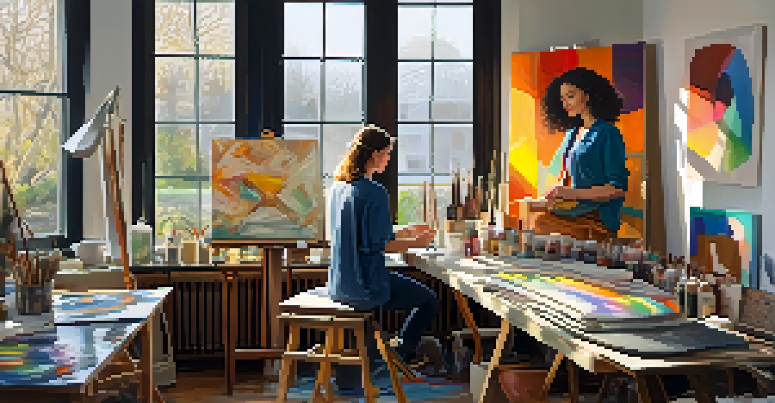 An artist working in a bright and colorful studio filled with canvases and art supplies, capturing the essence of creative expression.