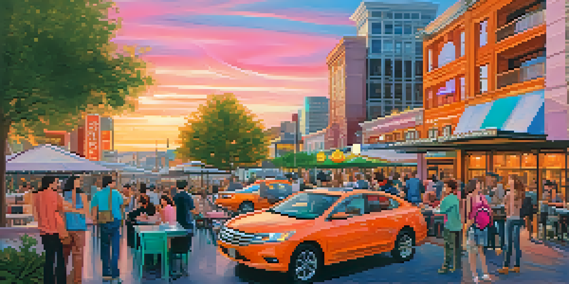 A vibrant downtown Reno scene during sunset with people using ride-sharing services and enjoying outdoor dining.