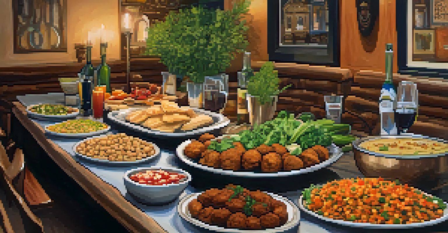 A communal table with Mediterranean dishes arranged invitingly in a cozy restaurant.