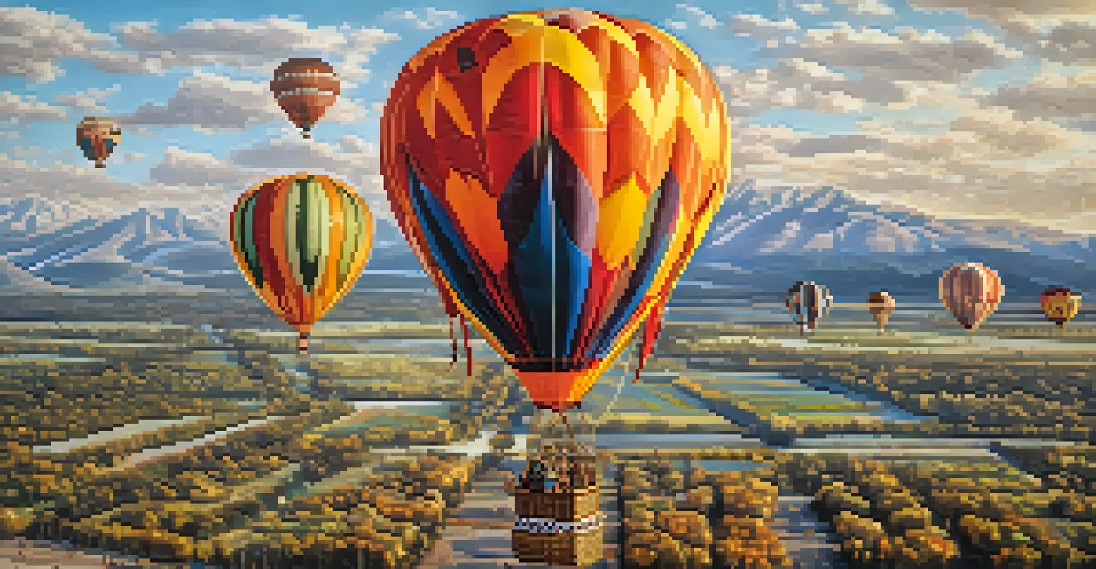 A close-up of a colorful hot air balloon being inflated, with intricate designs and sunlight reflecting off the fabric.