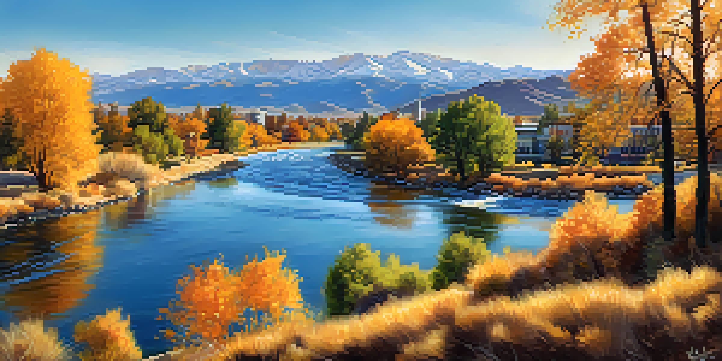 A scenic view of the Truckee River with autumn leaves and Sierra Nevada mountains in the background.