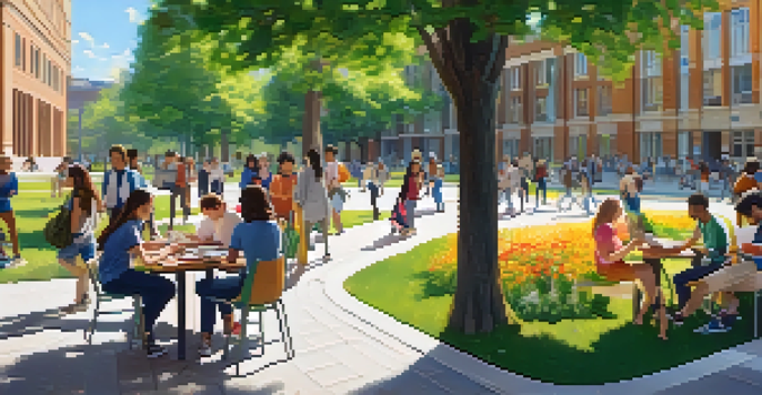 A lively university campus with students discussing projects at a table and others walking by, surrounded by greenery and modern buildings.