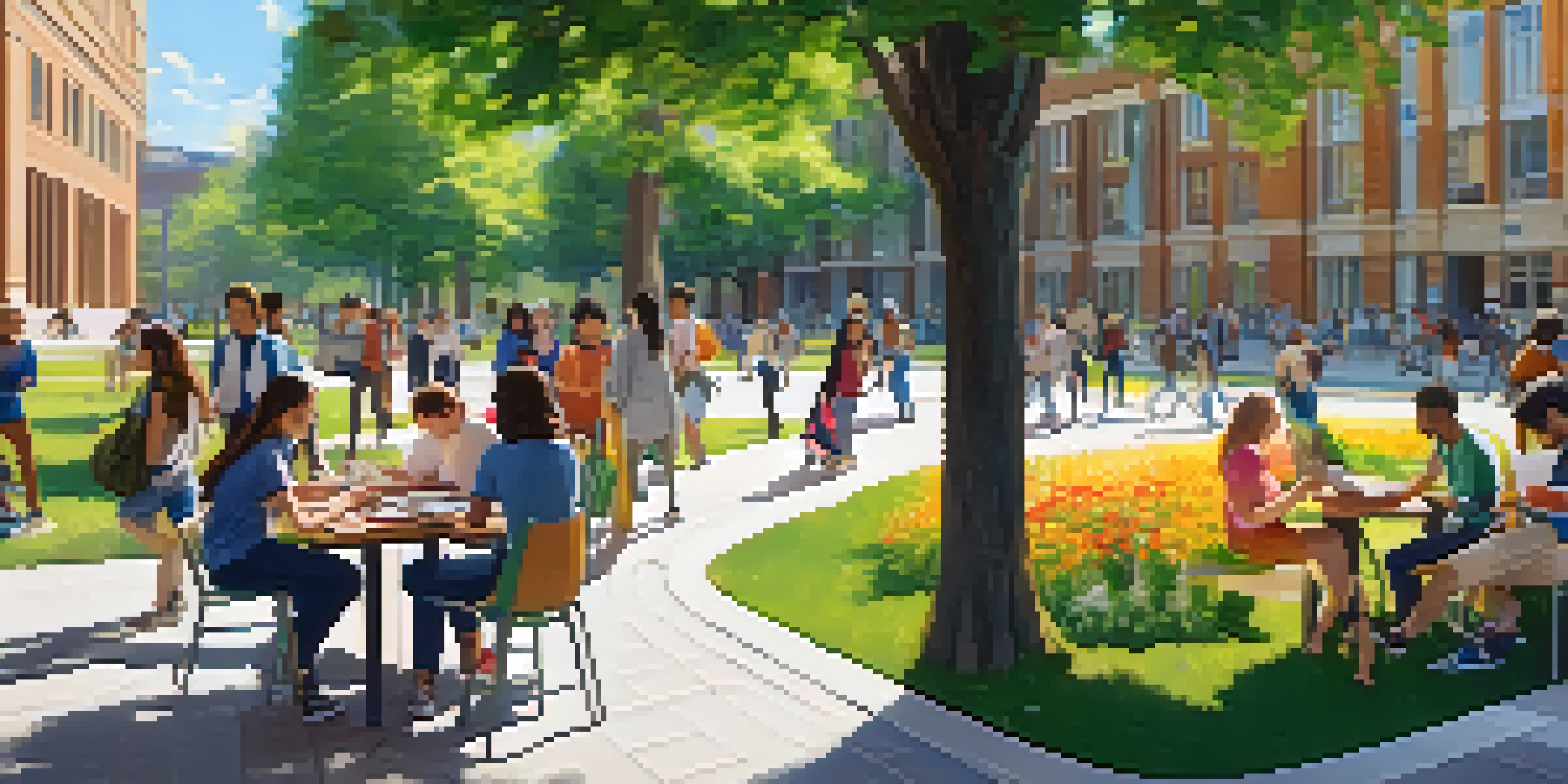 A lively university campus with students discussing projects at a table and others walking by, surrounded by greenery and modern buildings.