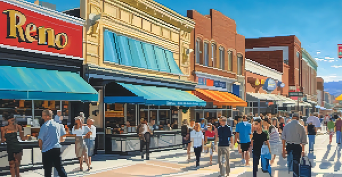 A busy street in Downtown Reno with people walking, outdoor dining, and colorful storefronts under a clear blue sky.