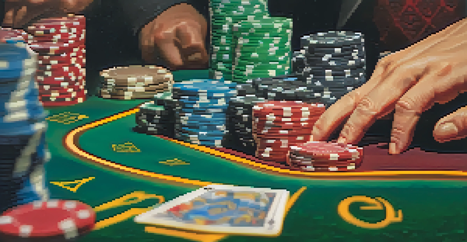 A close-up of a poker table with chips and cards, showing players' hands and their intense focus on the game.