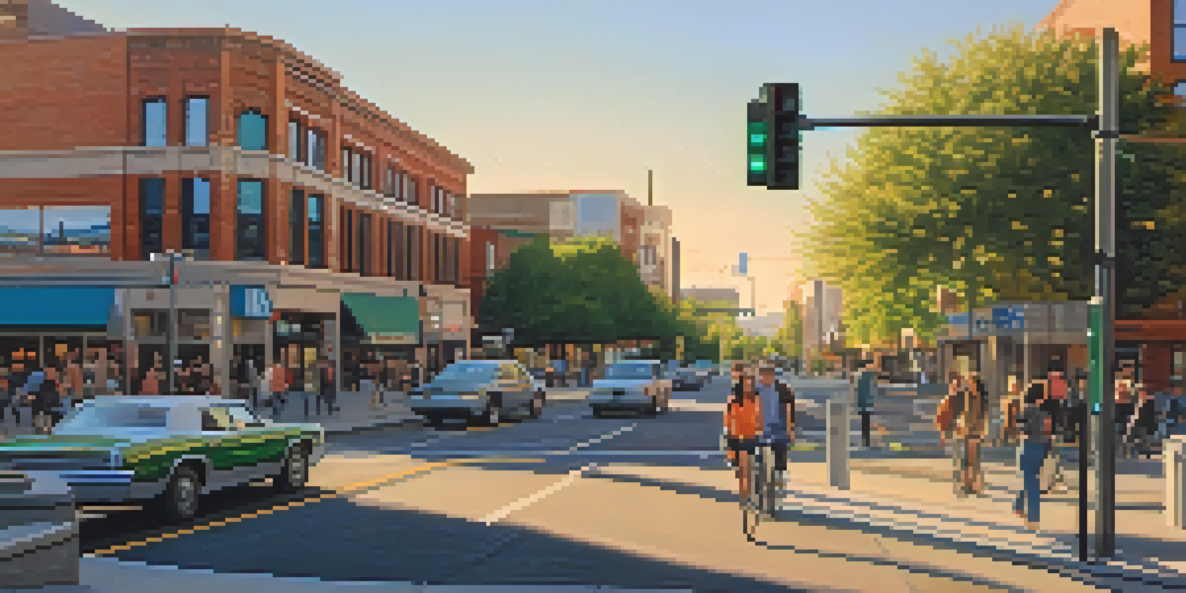 A vibrant urban street in Reno with smart traffic lights, pedestrians, cyclists, and electric vehicles under a warm sunset light.
