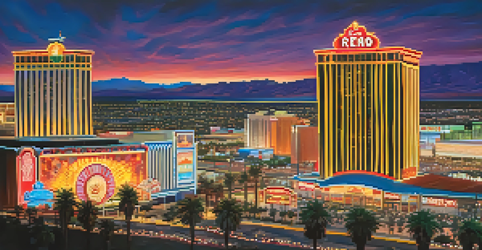 The skyline of Reno at dusk, featuring illuminated casinos and palm trees, with a colorful sunset in the background.