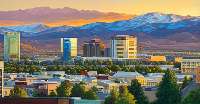 A beautiful sunset view of Reno, Nevada, featuring modern and historic architecture with mountains in the background.