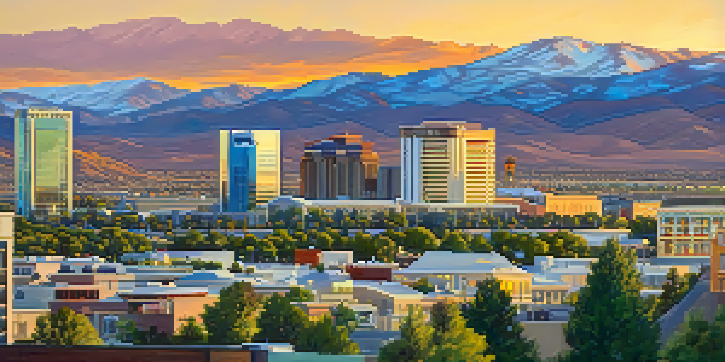 A beautiful sunset view of Reno, Nevada, featuring modern and historic architecture with mountains in the background.