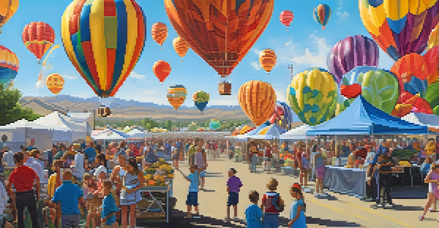 A bustling festival scene with food vendors and children enjoying activities, with hot air balloons floating in the sky above.