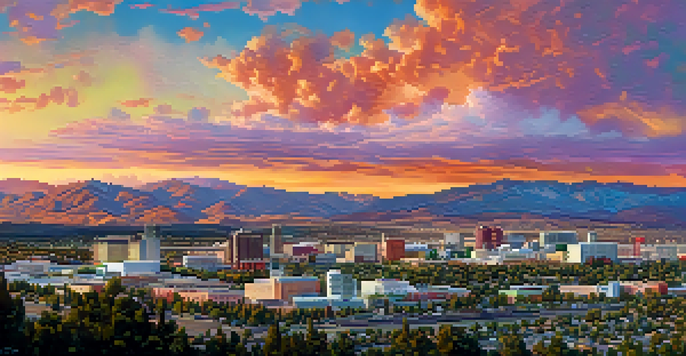 A wide view of Reno, Nevada, highlighting modern buildings and mountains at sunset, with parks in the foreground.