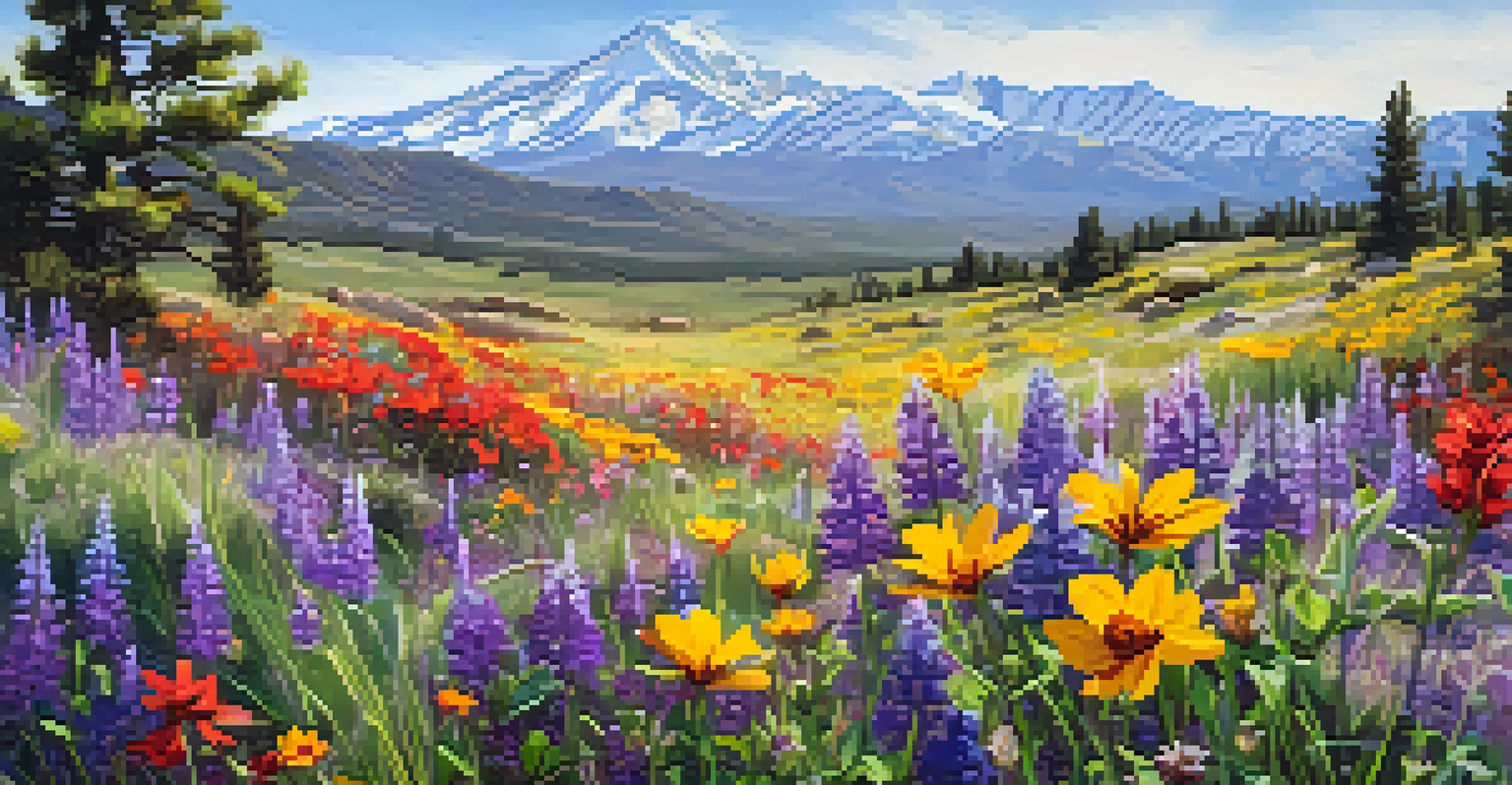 A close-up view of a vibrant wildflower meadow with bees and butterflies.