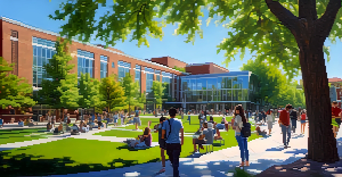 A sunny day at the University of Nevada, Reno, with diverse students studying together in a green campus setting, surrounded by modern buildings.