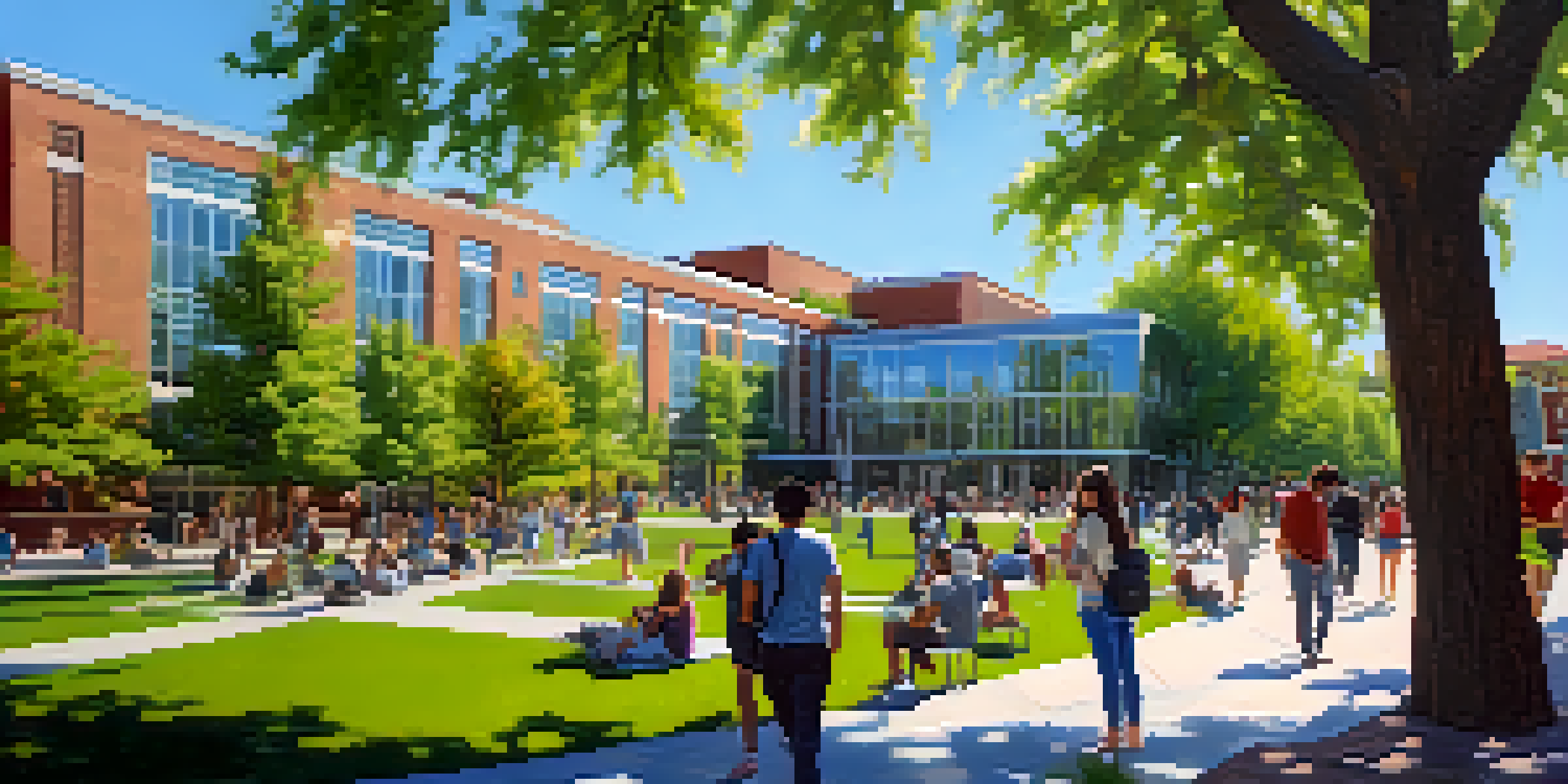 A sunny day at the University of Nevada, Reno, with diverse students studying together in a green campus setting, surrounded by modern buildings.