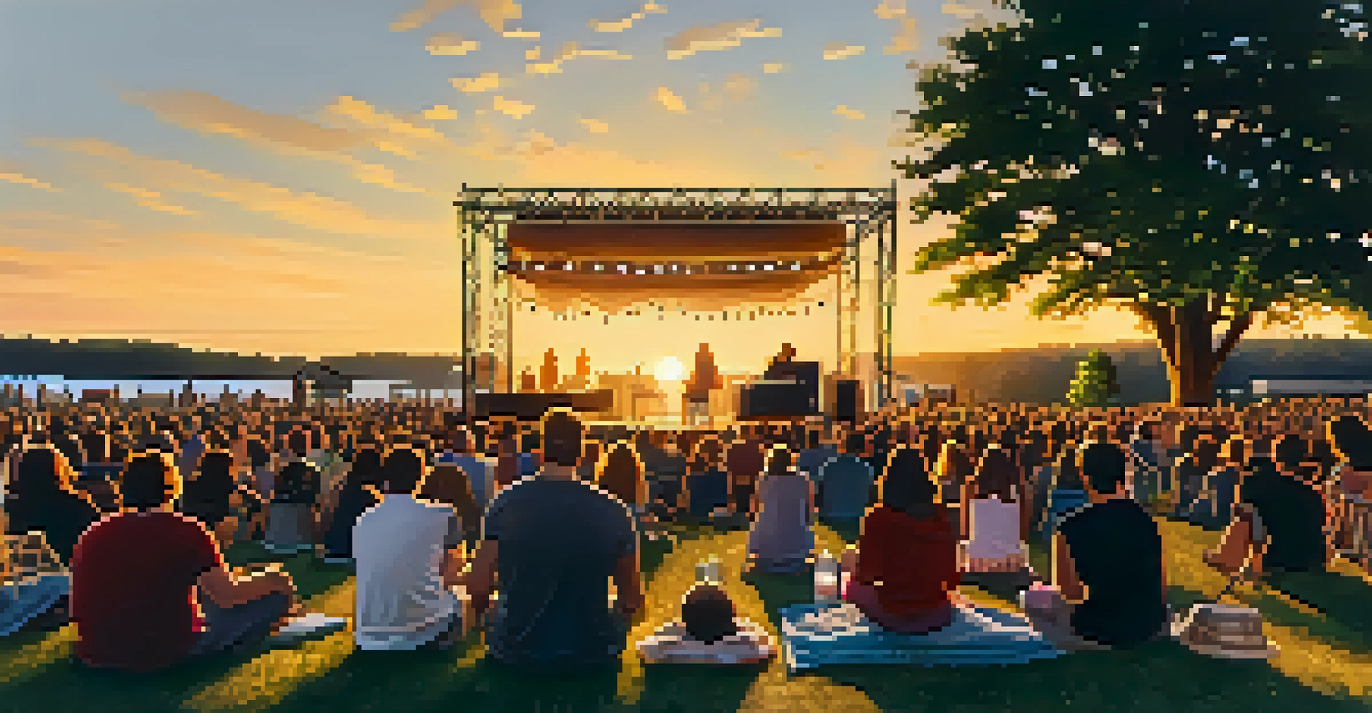 A local band performing on a stage adorned with lights at an arts festival, with an audience enjoying the music as the sun sets.