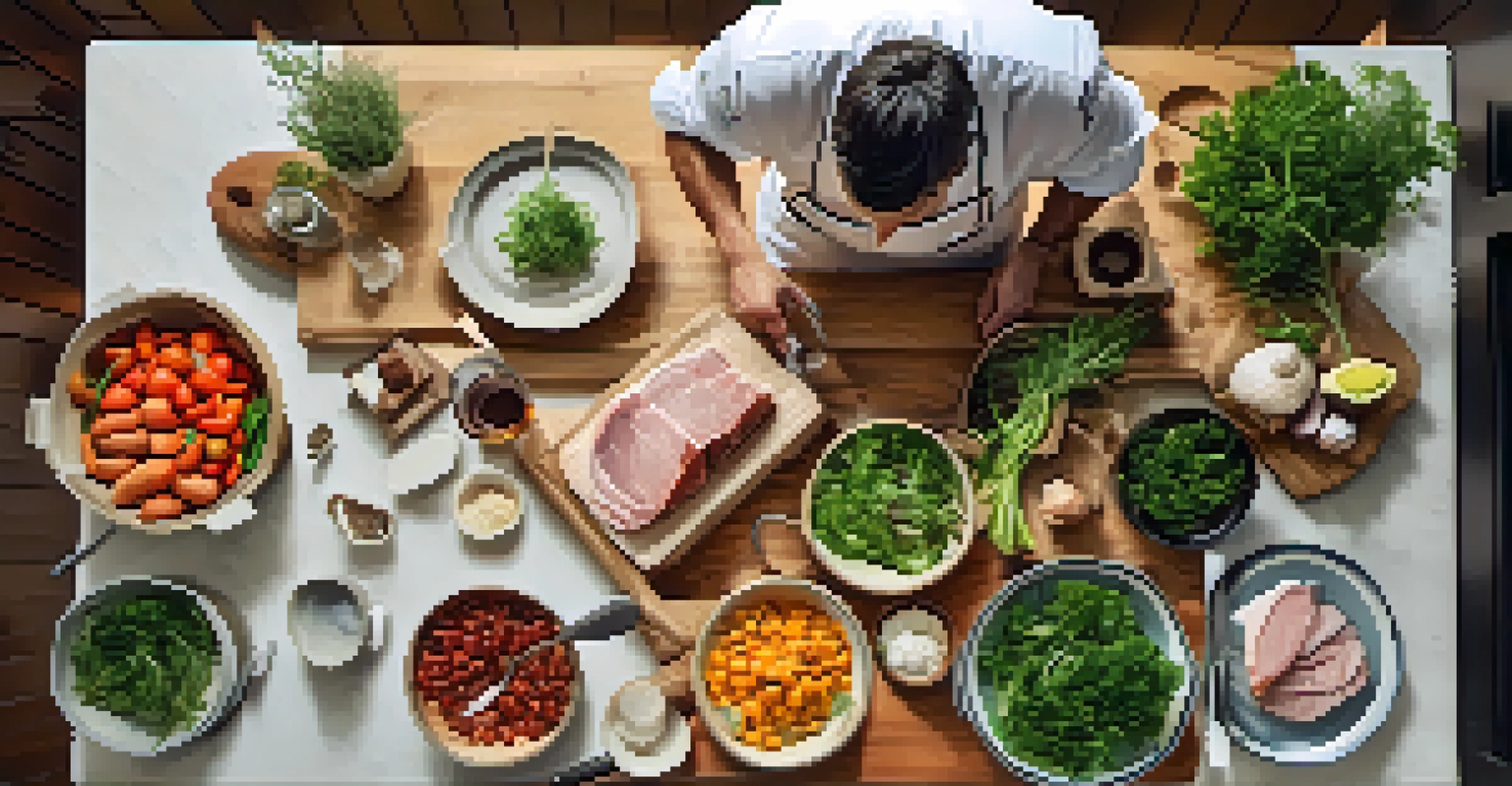 An overhead view of a chef in a modern kitchen preparing a dish with fresh local ingredients.