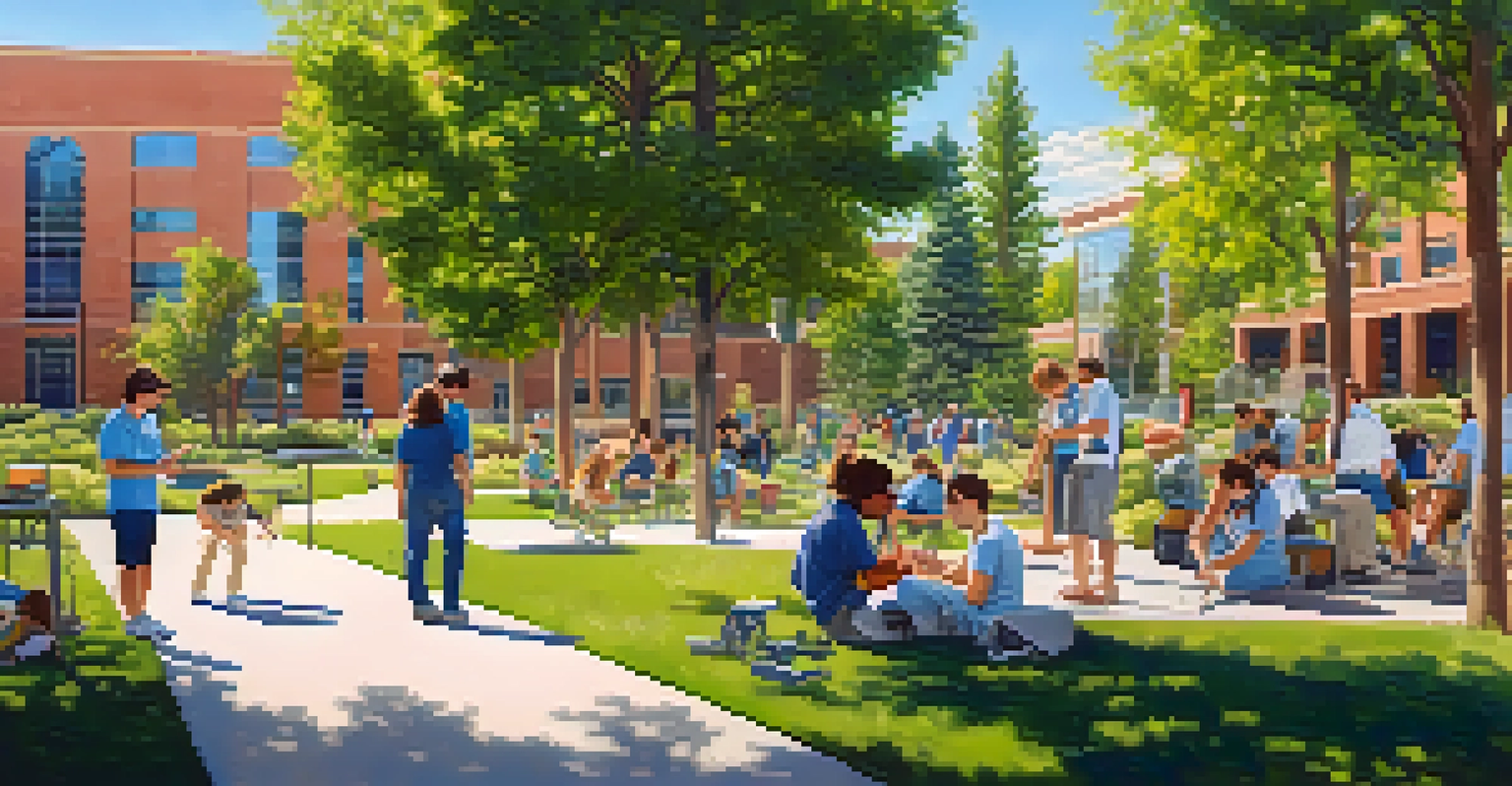 Students outdoors on the university campus, collaborating on a robotics project with buildings and greenery in the background.