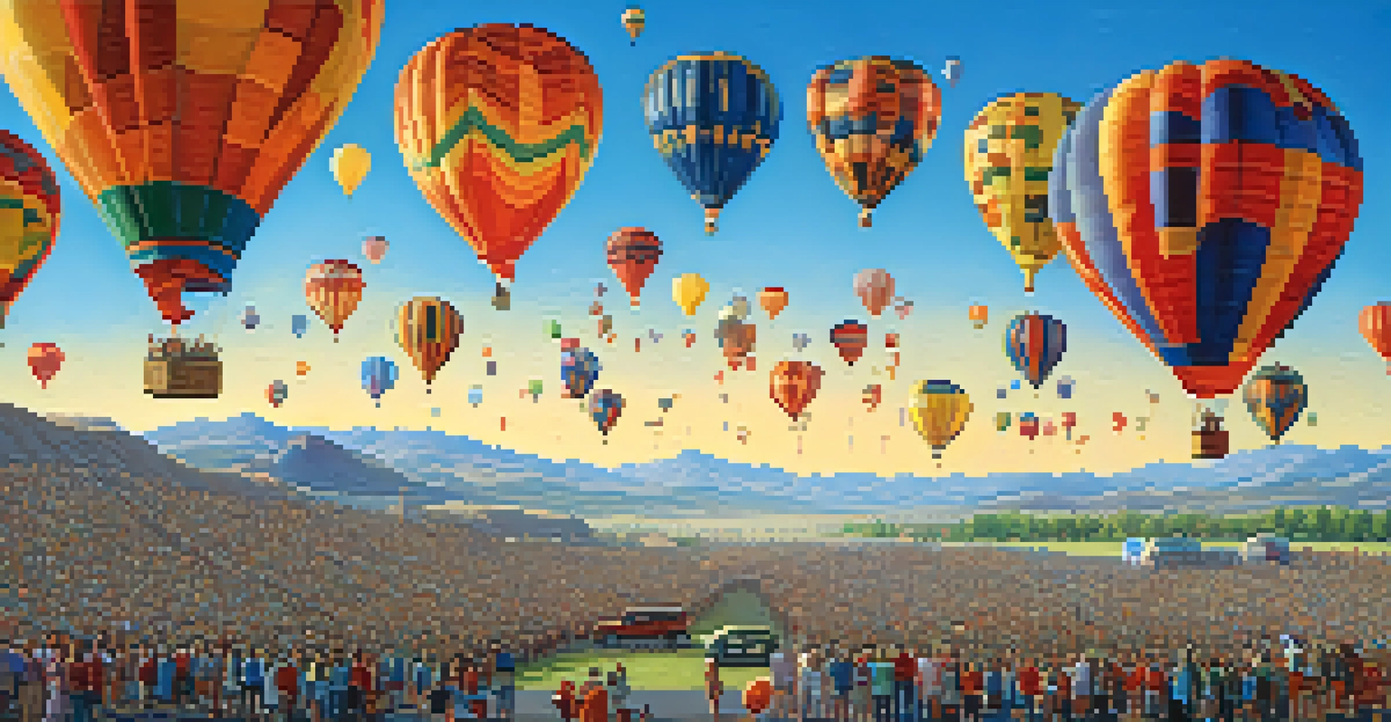 A colorful display of hot air balloons in the sky during the Great Reno Balloon Race, with spectators on the ground.