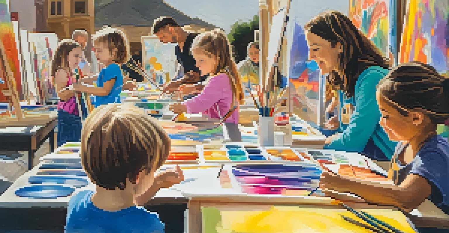 A family participating in an art workshop at the Reno Artown Festival, with children painting on canvases under the guidance of a local artist.