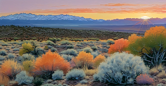 A panoramic view of a desert landscape at sunrise with mountains and sagebrush.