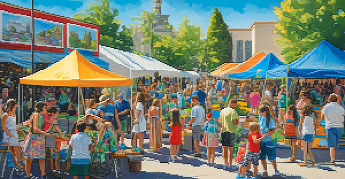 Families at the Reno Art Fest participating in interactive art installations and workshops, surrounded by colorful art and greenery.