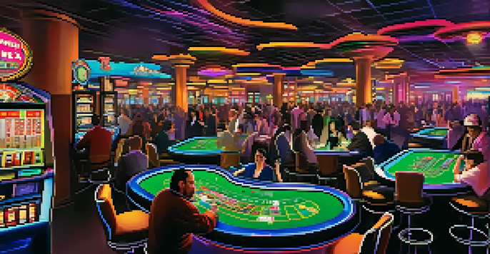 A lively casino floor in Reno with diverse players enjoying games, colorful neon lights, and a digital screen promoting events.