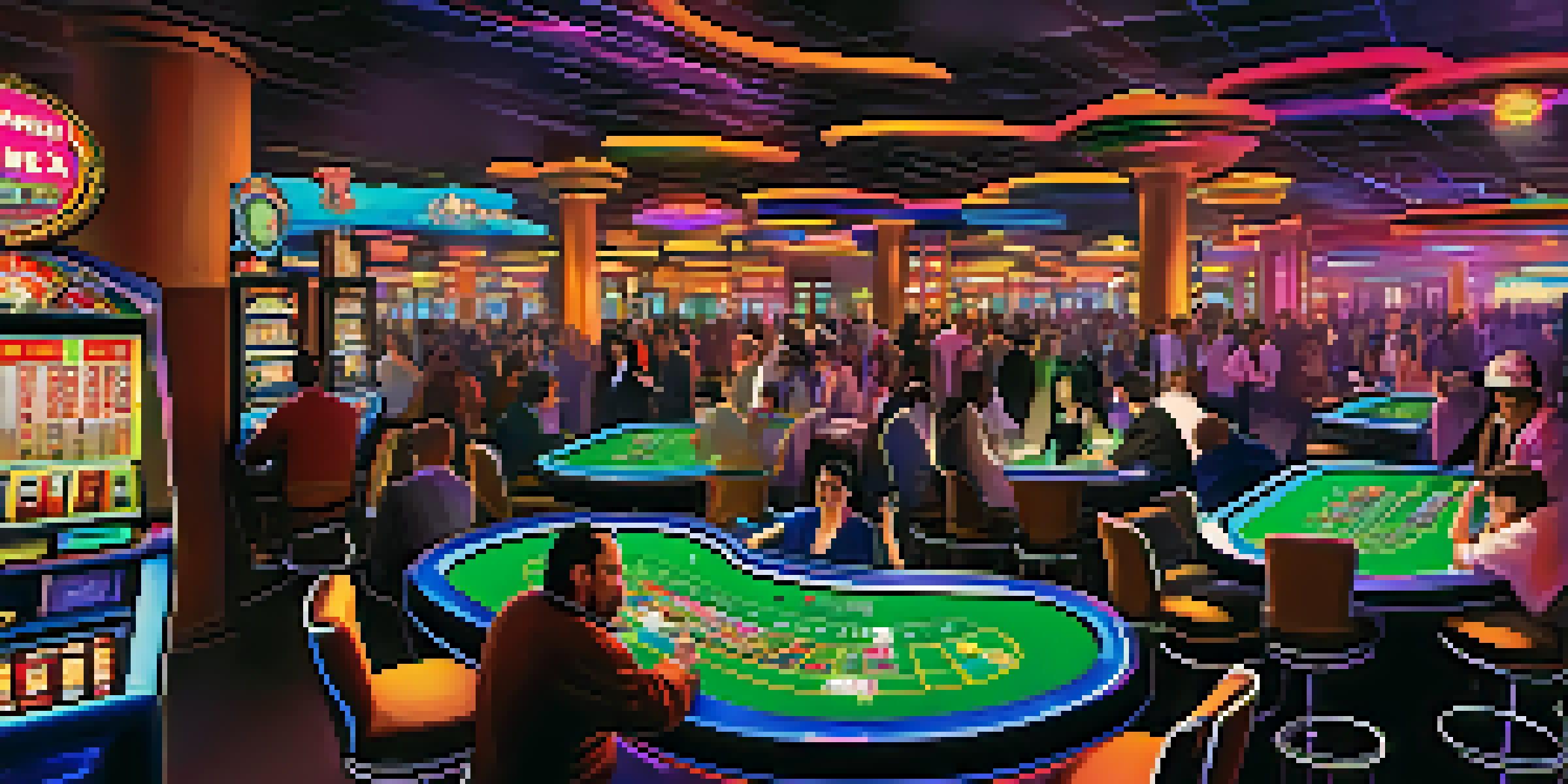 A lively casino floor in Reno with diverse players enjoying games, colorful neon lights, and a digital screen promoting events.
